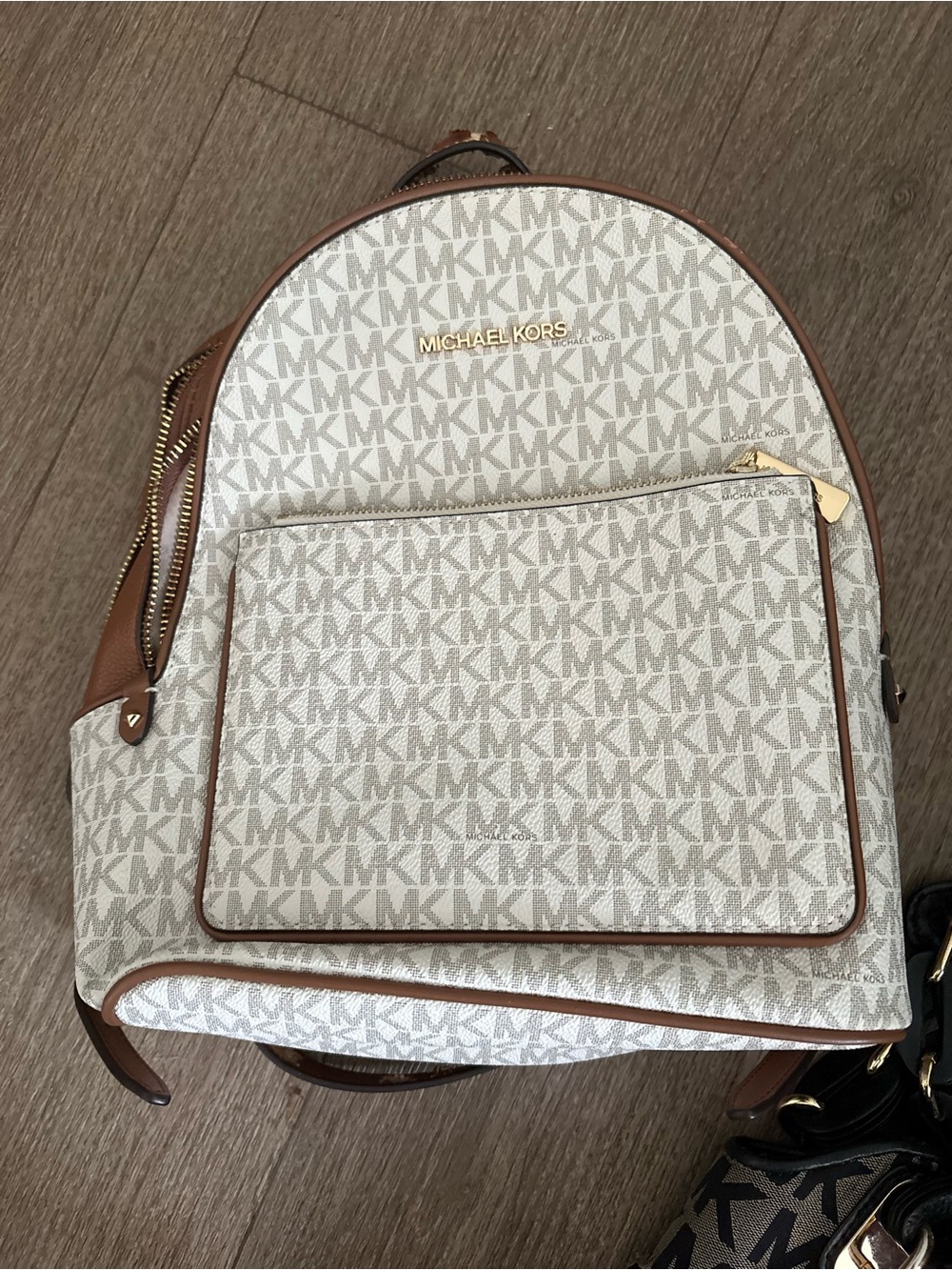 Michael Kors Signature Logo Backpack in White and Brown Trim